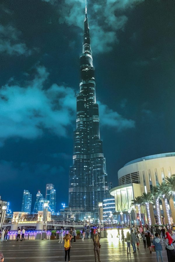 Stunning night view of Burj Khalifa, the tallest skyscraper in Dubai, illuminated against the sky.